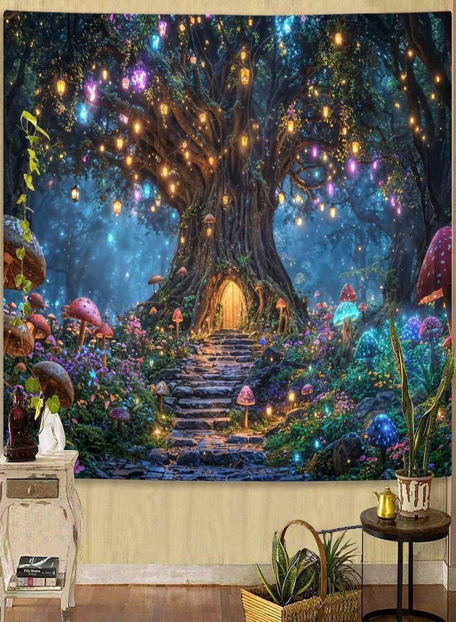 Lifeella Tree of Life Tapestry, Mushroom House Wall Art, Fantasy Forest Landscape Nature Art for Bedroom Living Room, 60x80 inches - Image 1